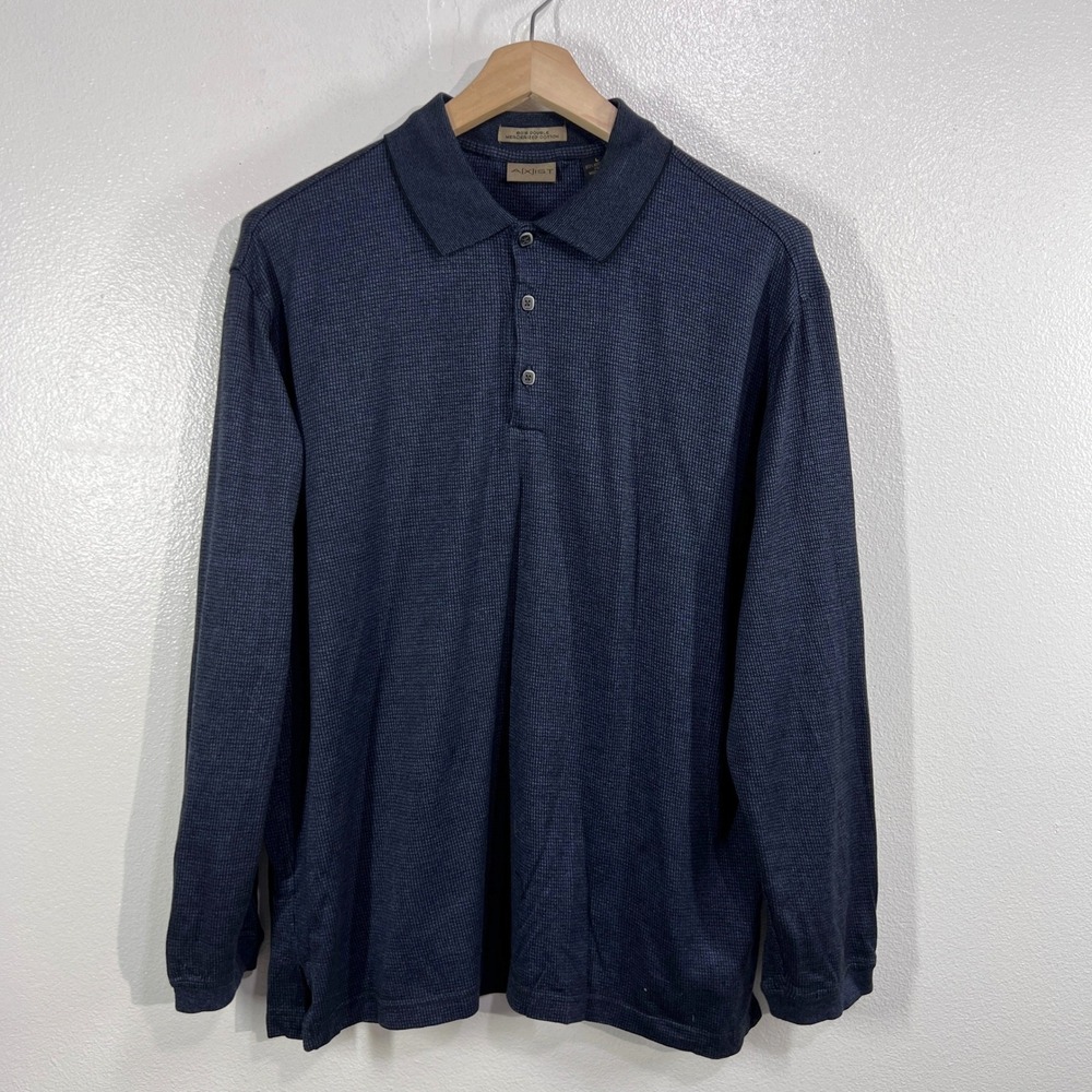 AXIST L Navy Long Sleeve Polo Shirt‎ Mercerized Cotton Textured Knit Mens Casual